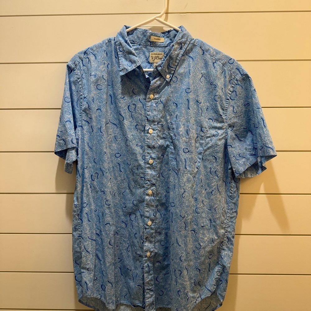 J. Crew Men's Blue Patterned Short Sleeve Shirt